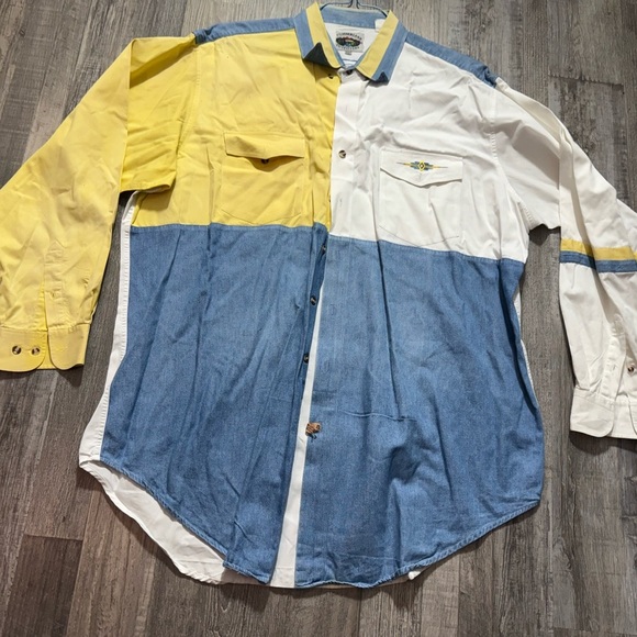Casual Yellow and White Button Down Shirt with Colorblock Design - Picture 1 of 8